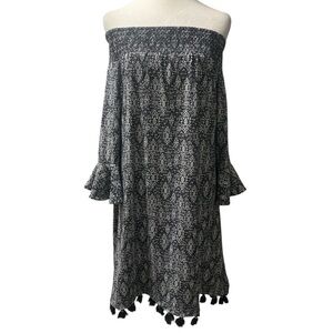 Cabana Life Large Off-Shoulder Black & White Tassel Dress Vacation Beach Resort